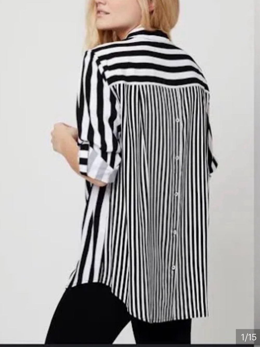 Jane & Delancey Black & White Striped Button Shirt w/Roll Tab Sleeve NWT Large